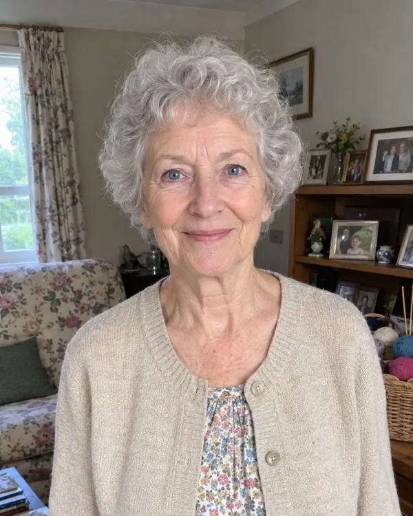 Waist-up photo of a white-haired older woman in a beige cardigan, alone in the picture