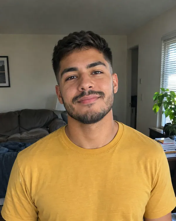 Waist-up photo of a young man in a mustard T-shirt facing the camera in even daylight