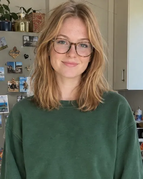 Waist-up photo of a young woman with glasses and a green sweater, face large and looking at the camera
